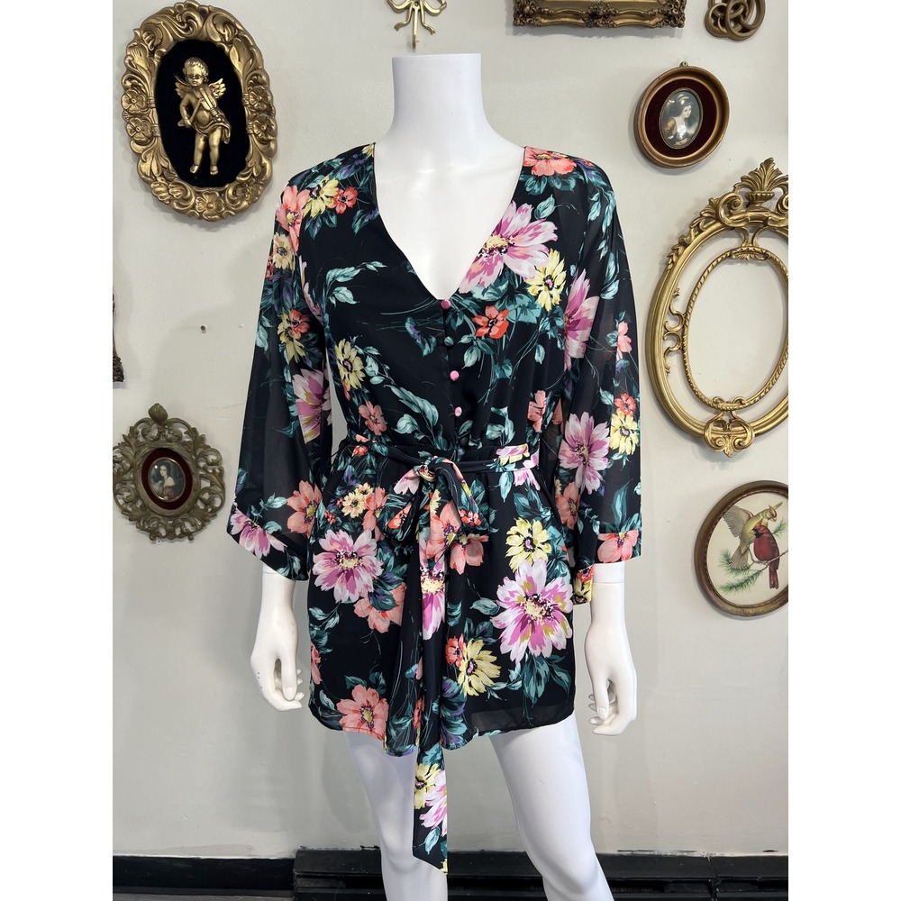 Yumi Kim Black Floral Long Sleeve V-Neck Tie Waist Romper Size S